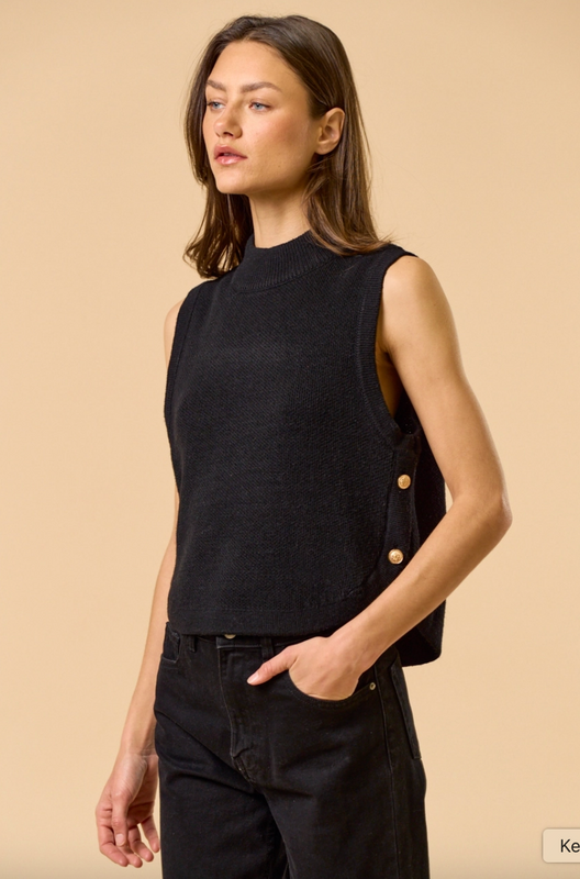 Mock Neck Sleeveless Sweater Top with Gold Button