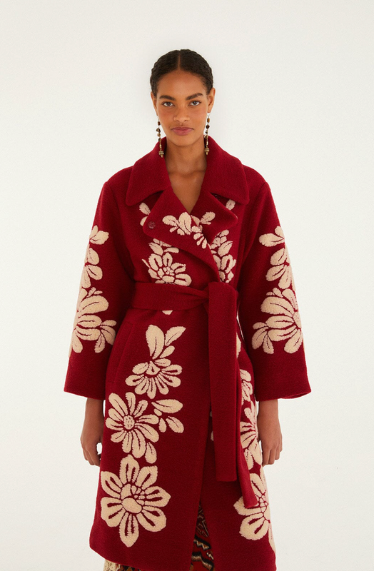 Burgundy Bold Flowers Fleece Coat