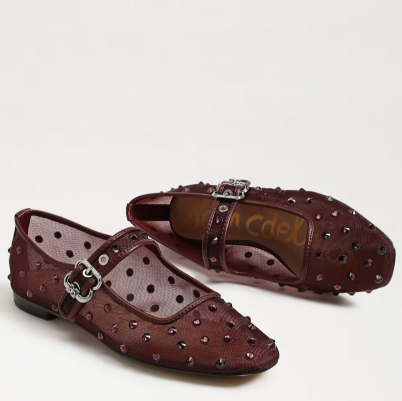 Michaela Shine Mary Jane Flat in French Merlot Mesh Fabric