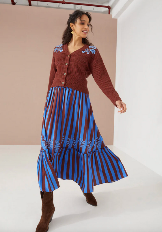 Farrah Skirt in Parasol Stripe Cinnamon Blue