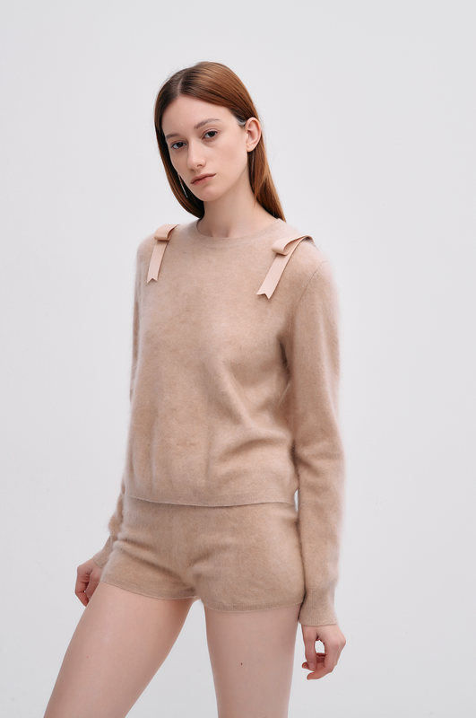 Brushed Cashmere Crew-Neck with Shoulder Bows