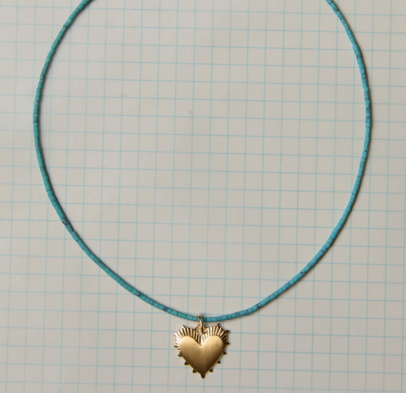 Teeny Turquoise Gemstone Necklace with Small Heart of Gold Charm