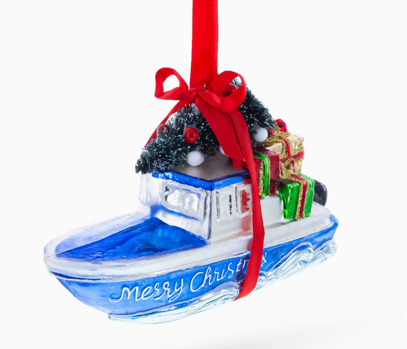 Boat with Tree and Present Glass Ornament