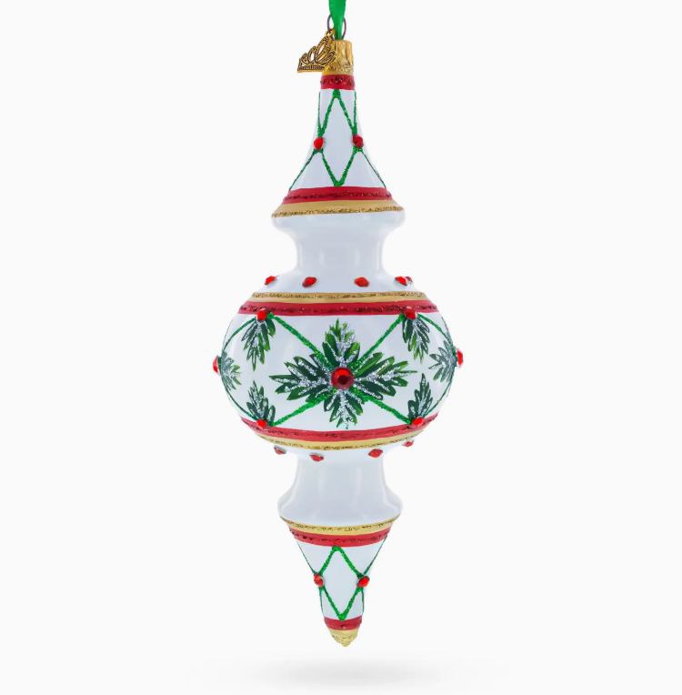 Winter Lattice & Holly Star Jeweled Double-Ended Finial Drop Glass Christmas Ornament