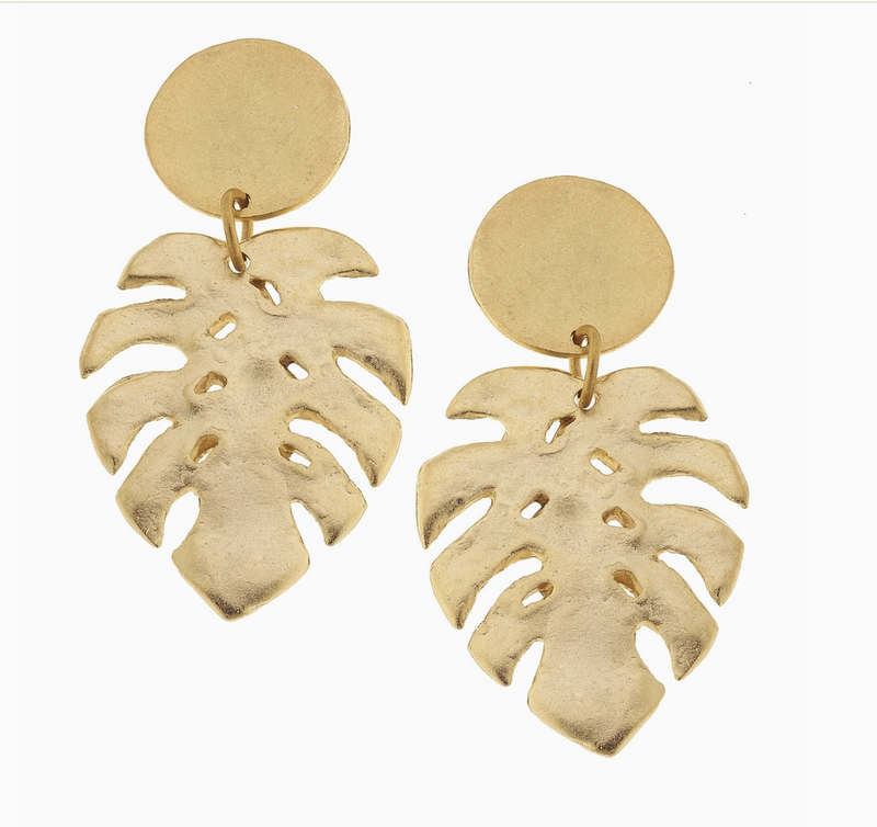 Gold Round Post and Top Leaf Earrings