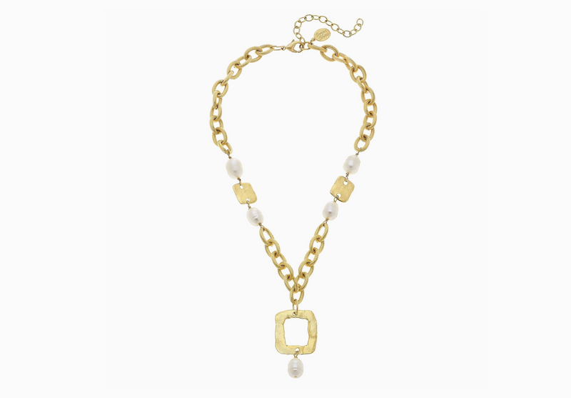 Gold Square and Genuine Freshwater Pearl Chain Necklace