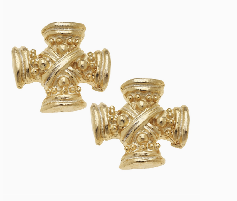 Gold Vintage Square French Cross Earrings