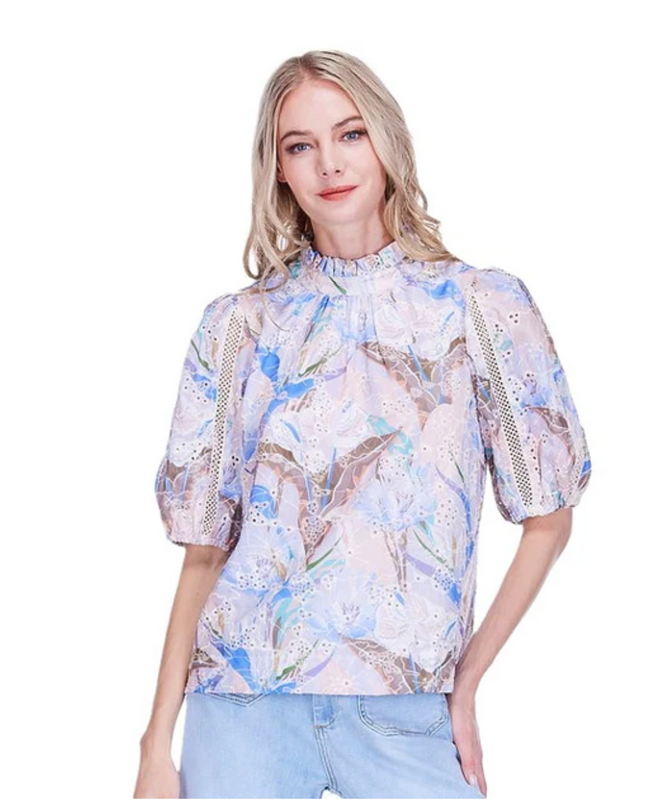 Ruffles Neck Puff Sleeve Trim Top in Vintage Mist Eyelet