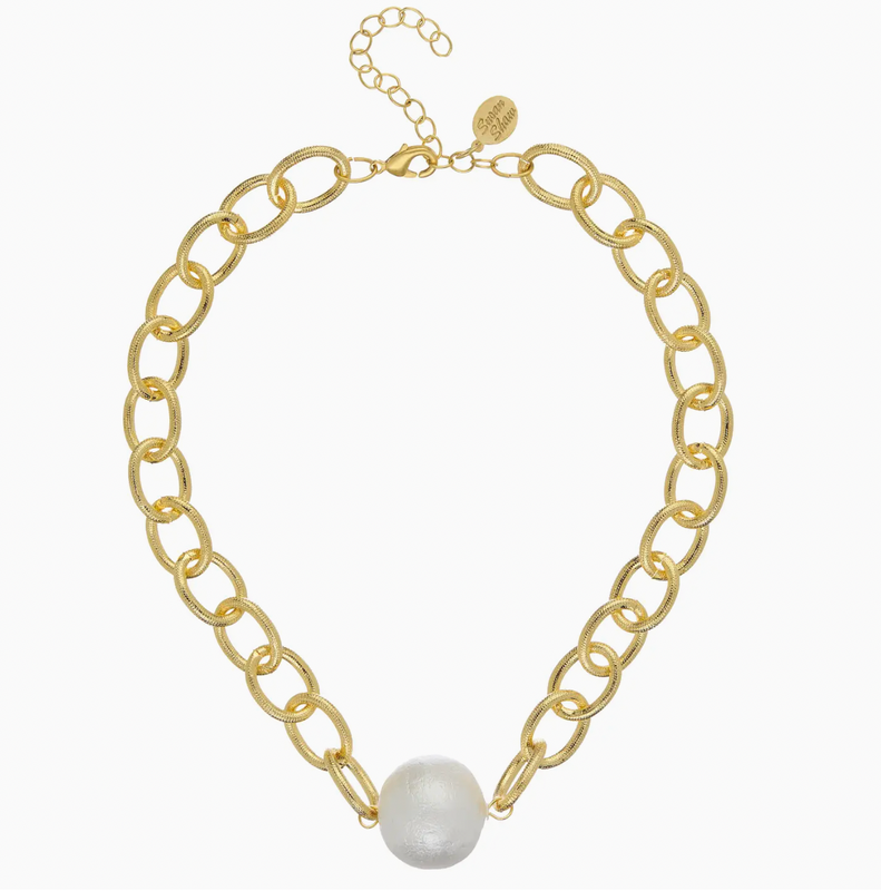 Gold Chain with Center Large Cotton Pearl Necklace