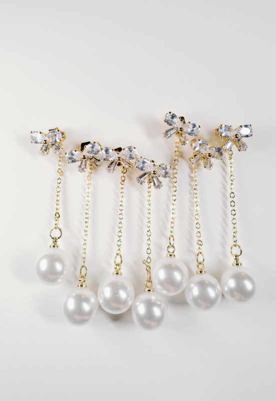Crystal Bow and Pearl Drop Swingy Statement Earrings