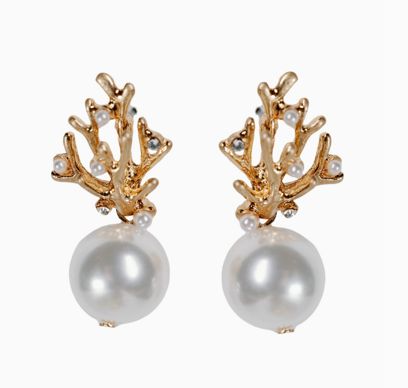Pearl and Gold Coral Mini Statement Earrings