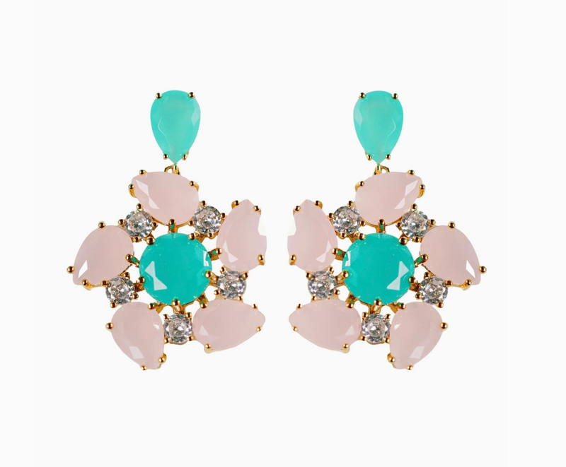 Pink and Turquoise Diamond Pinwheel Statement Earrings