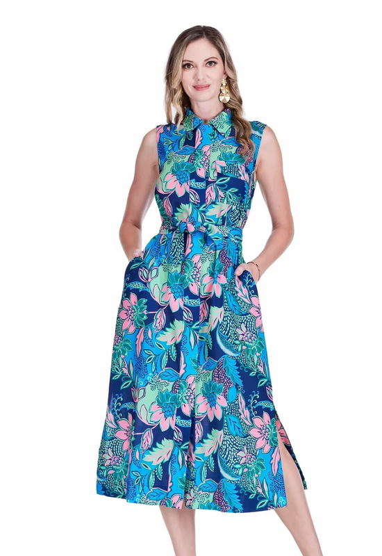 Pocket Slit Midi Shirtdress in Vivid Vines