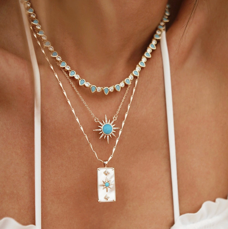 Teardrop Tennis Necklace- Turquoise/Gold - 15.5 Inch