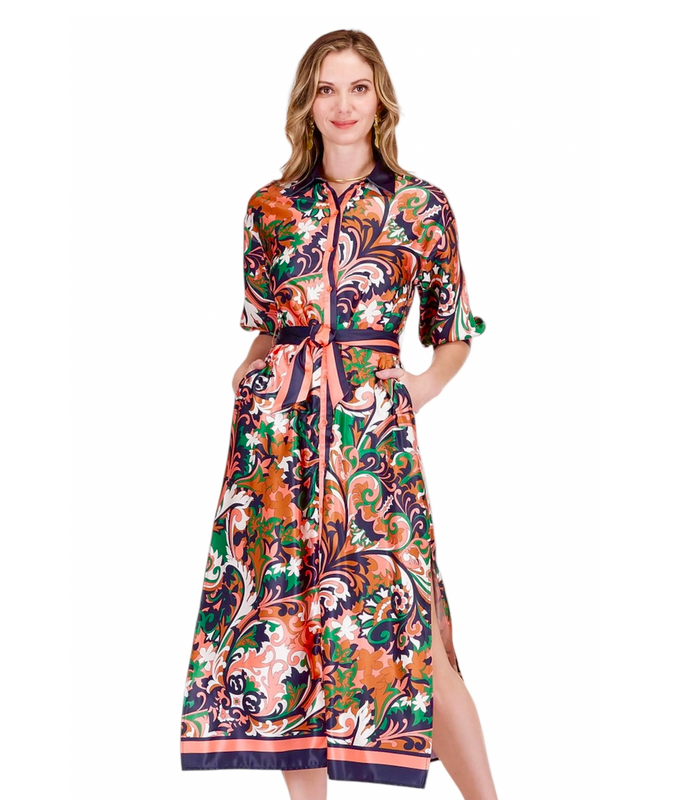 Maxi Shirt Dress in Autumn Scroll