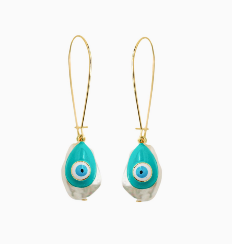 Natural Pearl and Evil Eye Threader Statement Earrings