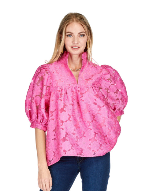 High Neck Puff Sleeve Top in Fuchsia Floral Organza - Scout and