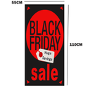 Bold Black Friday sale poster with a striking black background and vivid red accents. Large, eye-catching text reads "Black Friday Huge Savings" with a prominent red circle featuring "Black Friday" and a bold "SALE" banner below. Designed for maximum visibility, this poster is perfect for storefronts, windows, and indoor displays, capturing attention to highlight special Black Friday promotions and attract shoppers. Sized at 110cm x 55cm, it’s ideal for boosting foot traffic and excitement during the big shopping event.