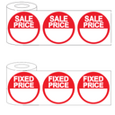 Two rolls of 500 round red adhesive stickers for retail pricing; one roll reads 'SALE PRICE' and the other reads 'FIXED PRICE' in bold white text, ideal for promotions and price labelling.