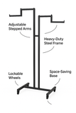 Heavy Duty 2-Way Step Arm Clothing Rail – Adjustable Black Display Stand with Wheels & Brakes