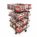6ft Black 4-Way Grid Mesh Display Stand With 24 Shelves & Wheels