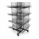 7ft Black 4-Way Grid Mesh Display Stand With 28 Shelves & Wheels