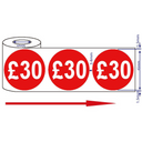 500x 45mm £30 Red Self Adhesive Round Price Stickers