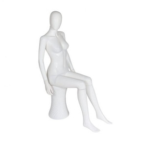 Female Plastic Display Mannequin – Sitting Pose – Faceless Egg Head – Matte White (inc stand)