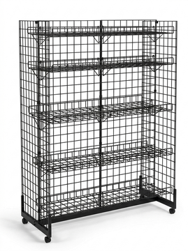 8ft H-Shape Grid Mesh Gondola Display Stand with Wheels – Double-Sided Retail Gridwall Merchandiser with Shelves