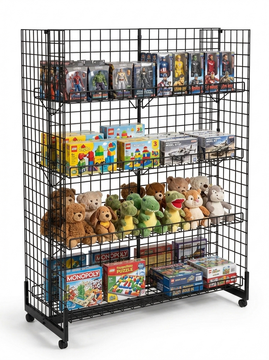 6ft H-Shape Grid Mesh Gondola Display Stand with Wheels – Double-Sided Retail Gridwall Merchandiser with Shelves