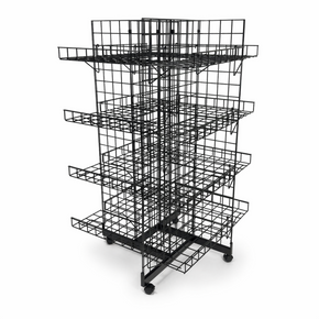4ft Black 4-Way Grid Mesh Display Stand With 16 Shelves & Wheels