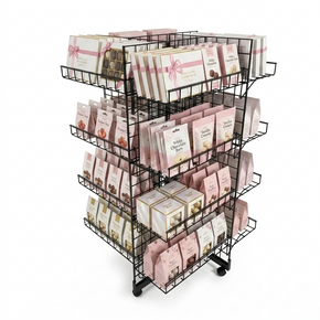 5ft Black 4-Way Grid Mesh Display Stand With 20 Shelves & Wheels