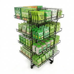 7ft Black 4-Way Grid Mesh Display Stand With 28 Shelves & Wheels