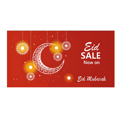 Vibrant "Eid Sale Now On" poster featuring a festive design with "Eid Mubarak" greeting alongside the sale message. The bold, eye-catching layout uses rich colors and celebratory elements to capture the spirit of Eid, perfect for attracting customers to special promotions. Sized at 110cm x 55cm, this poster is ideal for retail displays, markets, and community centers, enhancing visibility for Eid sales on clothing, gifts, and festive items. Durable for both indoor and outdoor use, it creates a welcoming atmosphere that celebrates Eid and draws in shoppers.