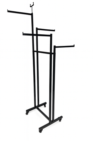 Heavy Duty 4-Way Straight Arm Clothing Rail – Adjustable Black Display Stand with Castors & Brakes