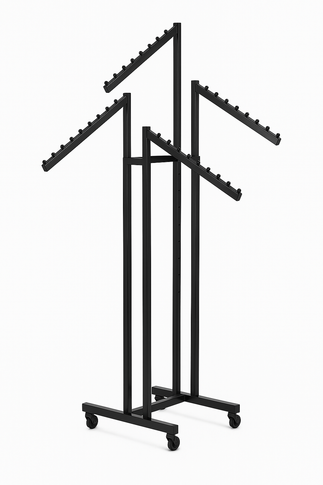 Heavy Duty 4-Way Waterfall Arm Clothing Rail – Adjustable Black Retail Display Stand with Castors & Brakes