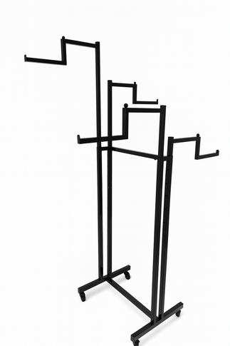 Heavy Duty 4-Way Step Arm Clothing Display Rail Stand – Adjustable Height Retail Garment Rack with Lockable Wheels – Black