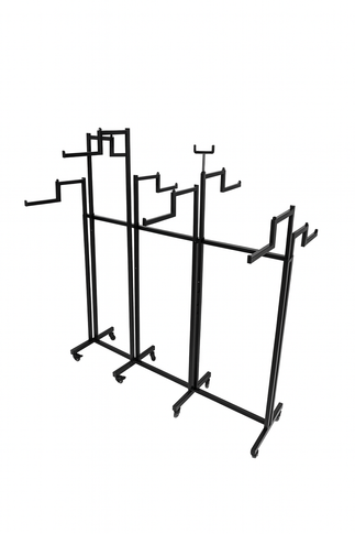 Heavy Duty 8-Way Step Arm Clothing Rail – Adjustable Black Retail Display Stand  with Castors & Brakes