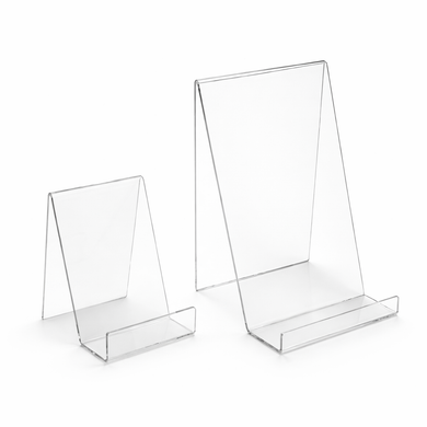 Clear Acrylic Book Display Stand / Easel with Lip – 75mm Wide – Brochure, Menu & Postcard Holder