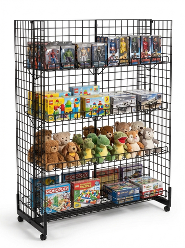 6ft H-Shape Grid Mesh Gondola Display Stand with Wheels – Double-Sided Retail Gridwall Merchandiser with Shelves