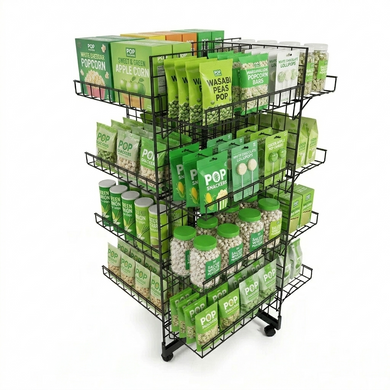 7ft Black 4-Way Grid Mesh Display Stand With 28 Shelves & Wheels