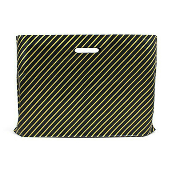 100X New Black And Gold Strong Plastic Carrier Bags Striped Shopping Retail Bags