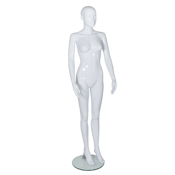 Female Plastic Display Mannequin – Partial Feature Face – Bent Leg Pose – Gloss White (inc stand).