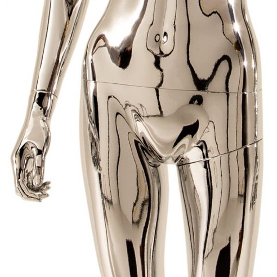 Female Plastic Display Mannequin – Upright Pose – Faceless Egg Head – Chrome (inc stand)