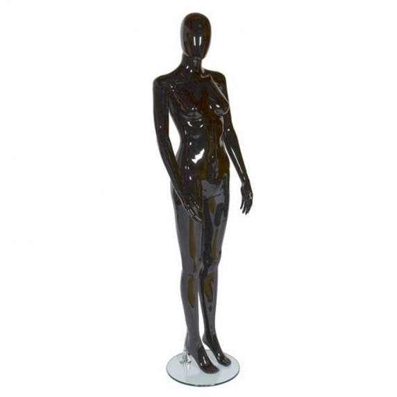 Female Plastic Display Mannequin – Upright Pose – Faceless Egg Head – Black Gloss (inc stand)