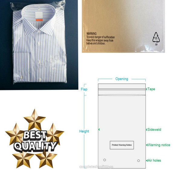 100x T-shirt Garment Bags Clothing Cover Clear Polythene Polypropylene Textile Bag