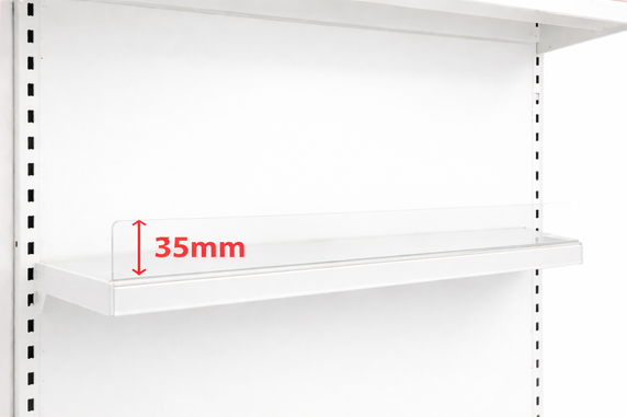Acrylic Shelf Riser – Clear Retail Shelf Front Divider (35mm or 75mm Exposed)