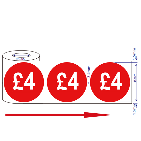 500x 45mm £4 Red Self Adhesive Price Stickers