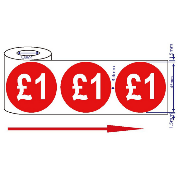 500x 45mm £1 Red Self Adhesive Price Stickers