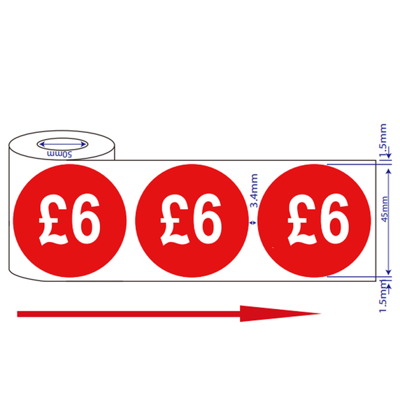 500x 45mm £6 Red Self Adhesive Price Stickers